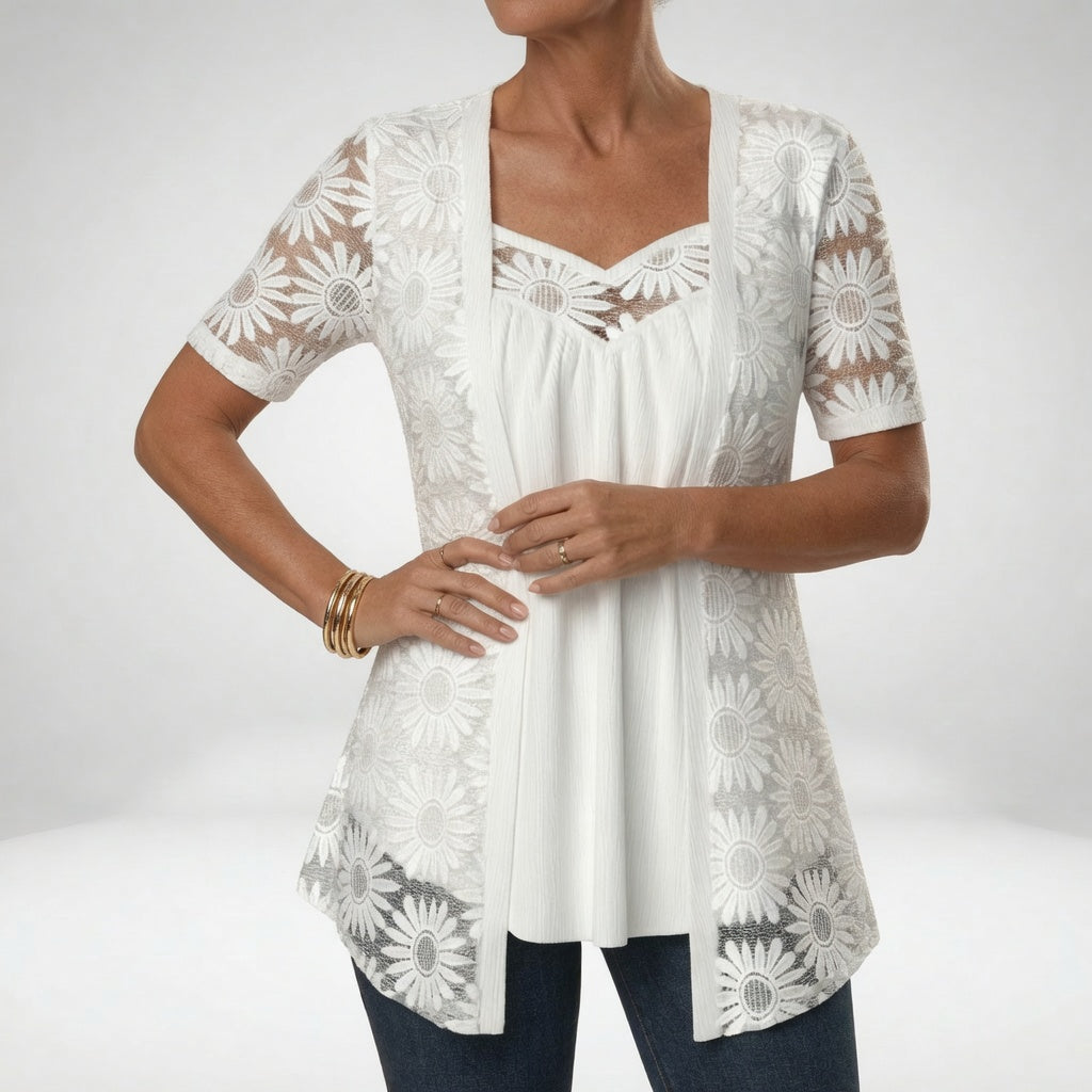 Corinna | Women's White Short-Sleeve Lace Blouse
