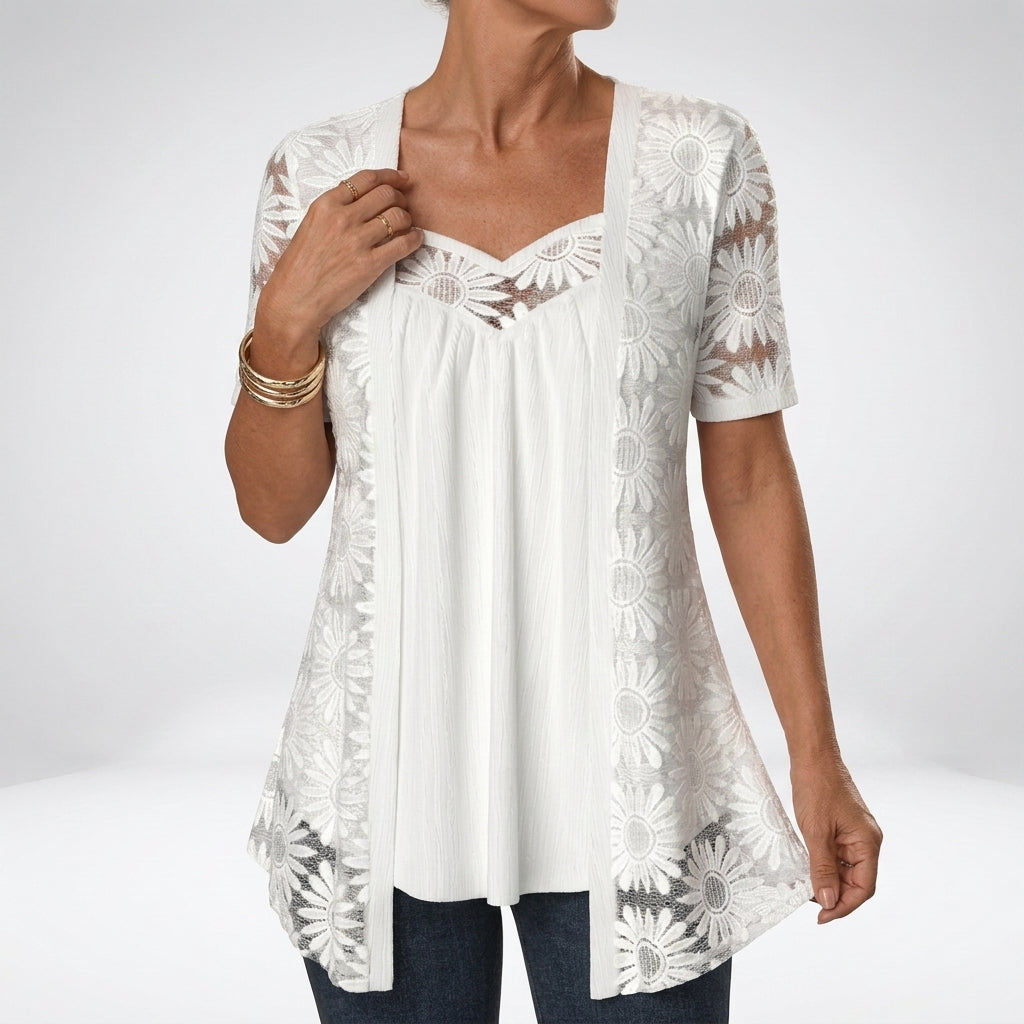 Corinna | Women's White Short-Sleeve Lace Blouse