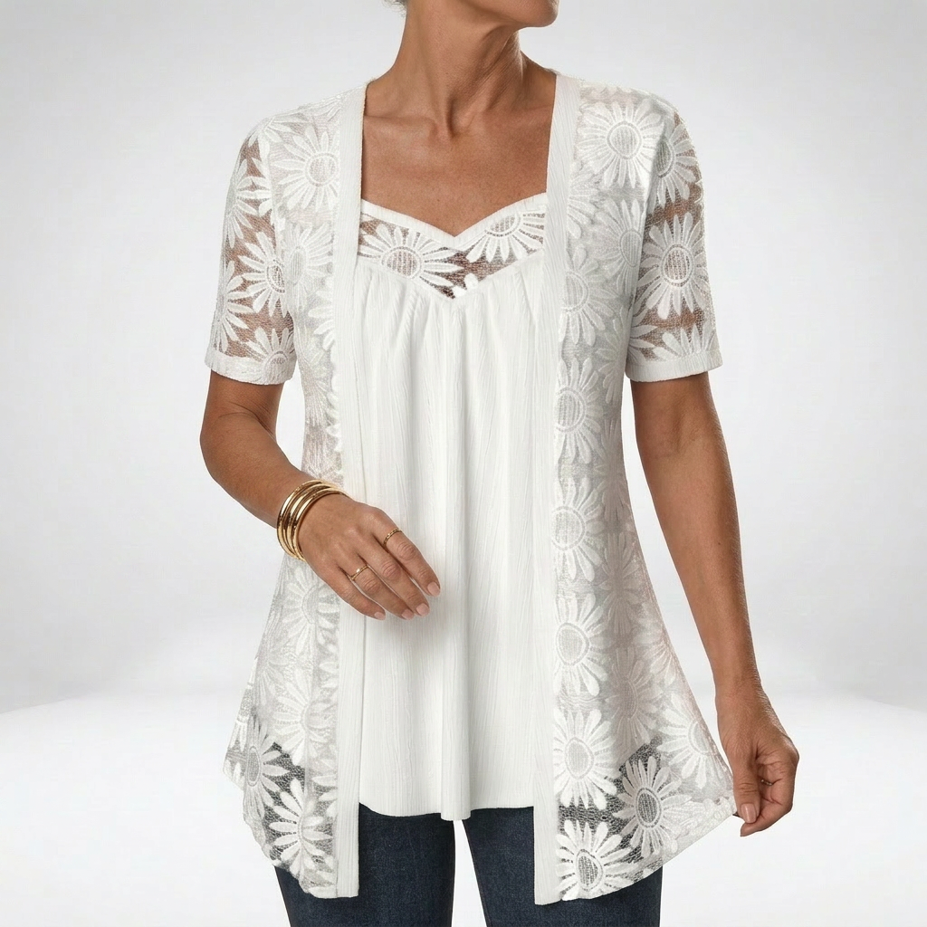 Corinna | Women's White Short-Sleeve Lace Blouse