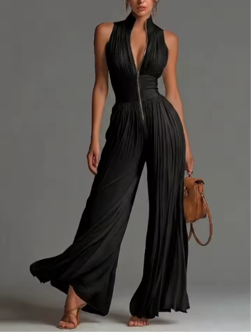 Everly | Pleated Halter Wide-Leg Jumpsuit